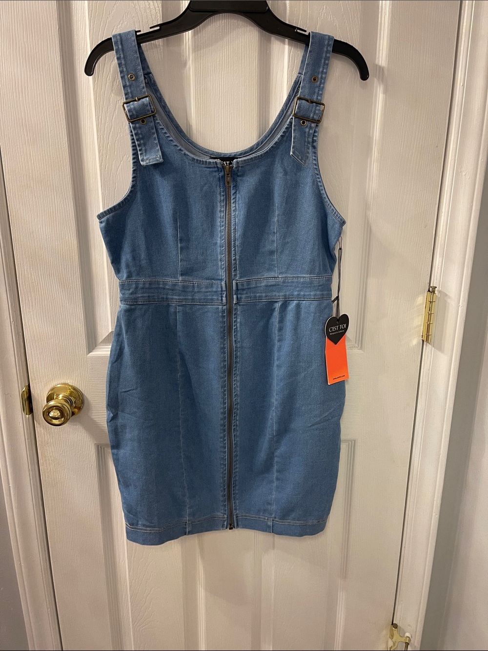 New C’est Toi Y2K 90s Denim Zip-Front Dress with Adjustable Straps